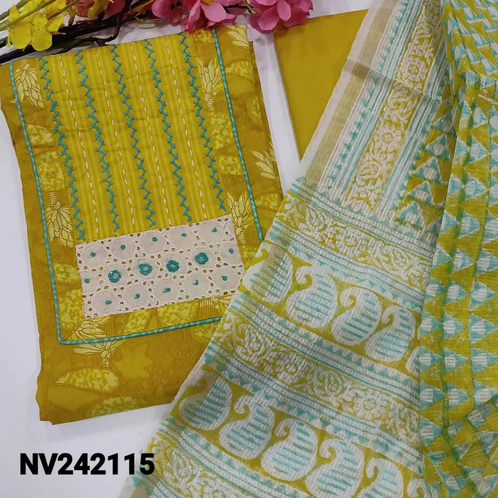CODE NV242115: Mehandhi yellow printed soft cotton unstitched salwar material thread& real mirror work on yoke(lining