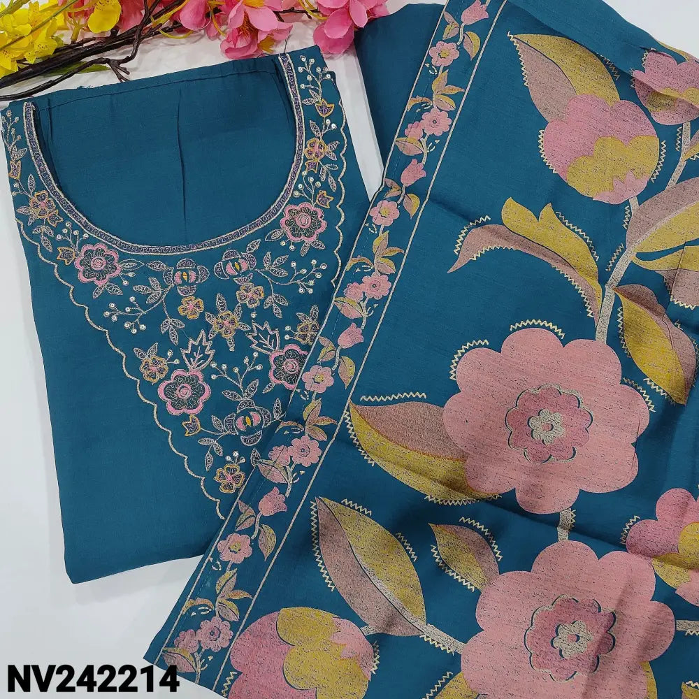 CODE NV242214: Dark teal blue premium silk cotton unstitched salwar material embroidered& sequins work on yoke(lining