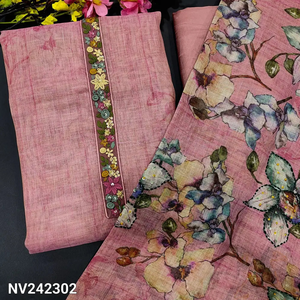 CODE NV242302: Pink with golden tint designer abstract printed tissue linen unstitched salwar material hand embroidered