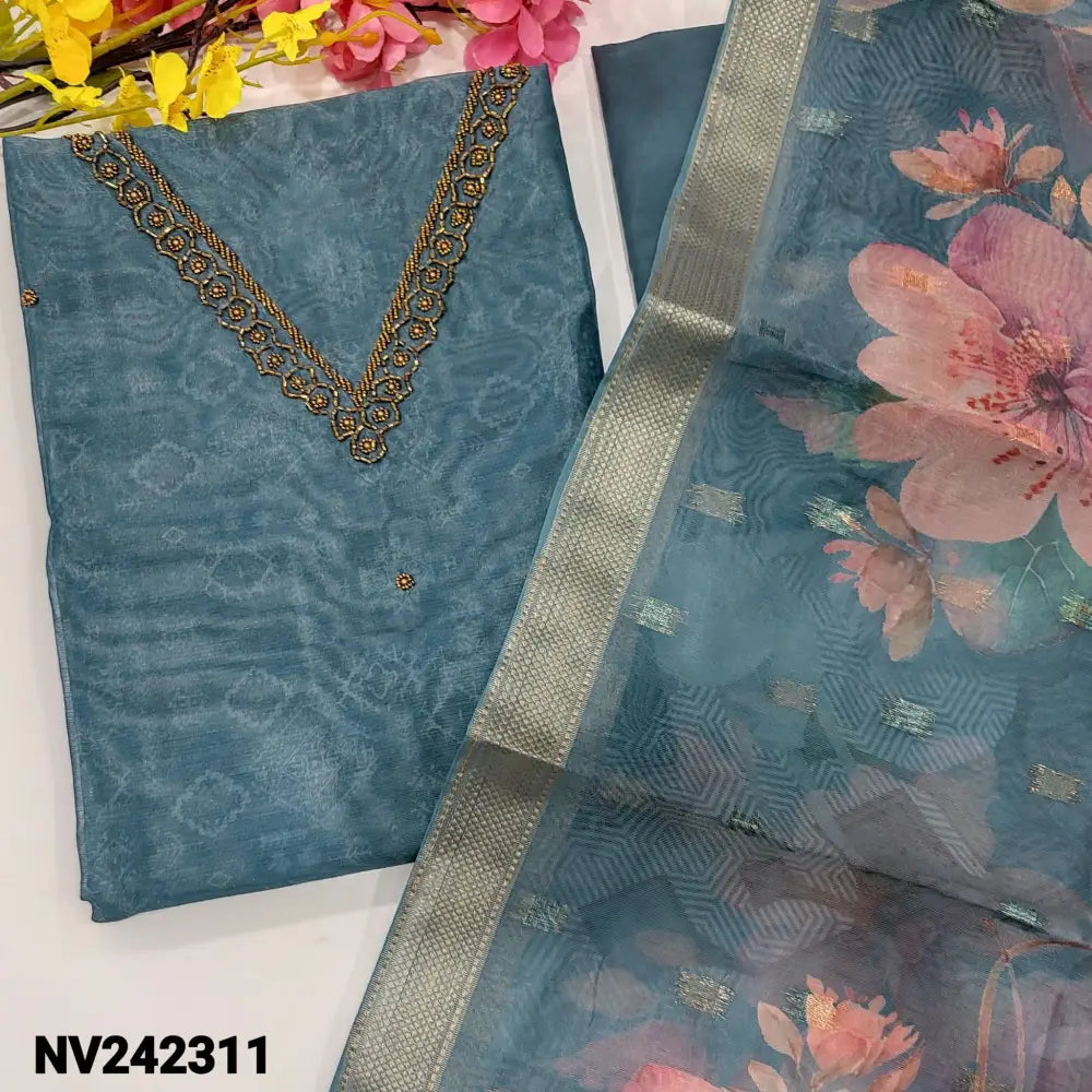 CODE NV242311: Light teal blue sobar digital printed tissue silk cotton unstitched salwar material v neck bead work