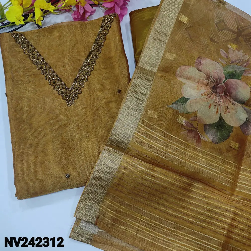 CODE NV242312: Mehandhi yellow sobar digital printed tissue silk cotton unstitched salwar material v neck bead work