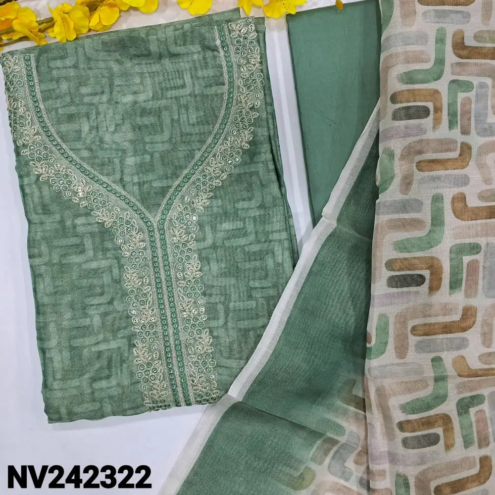 CODE NV242322: Light teal green with golden tint abstract printed tissue silk cotton unstitched salwar material zari