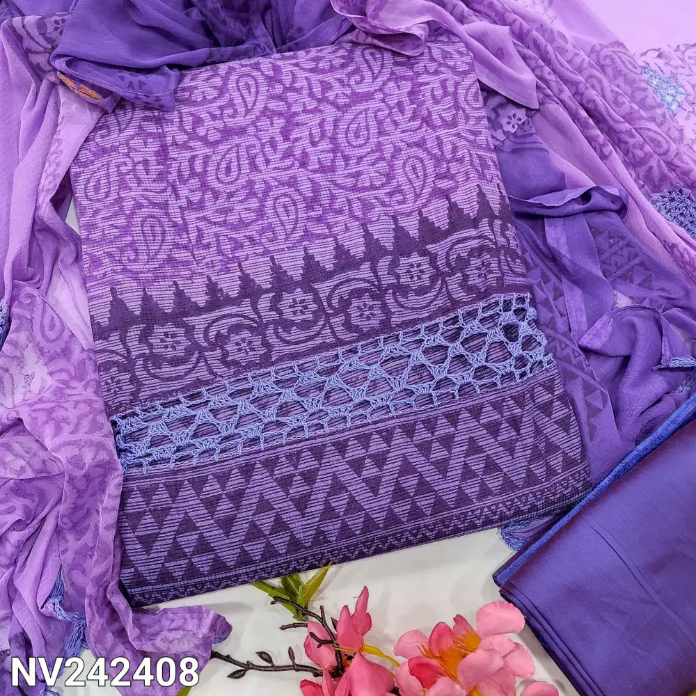 CODE NV242408: Dark& light Purple fancy super net unstitched salwar material crochet lace work on front(netted fabric