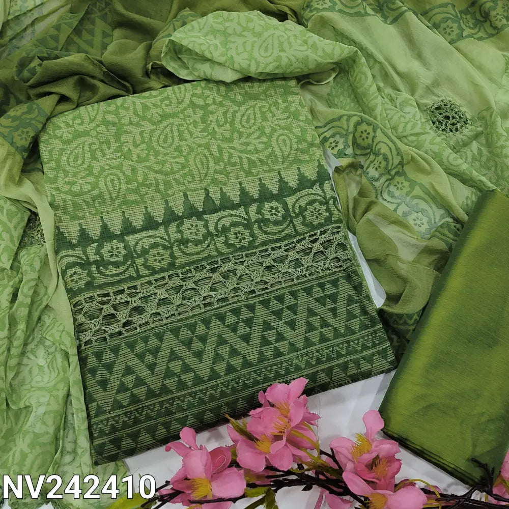 CODE NV242410: Dark& light green fancy super net unstitched salwar material crochet lace work on front(netted fabric
