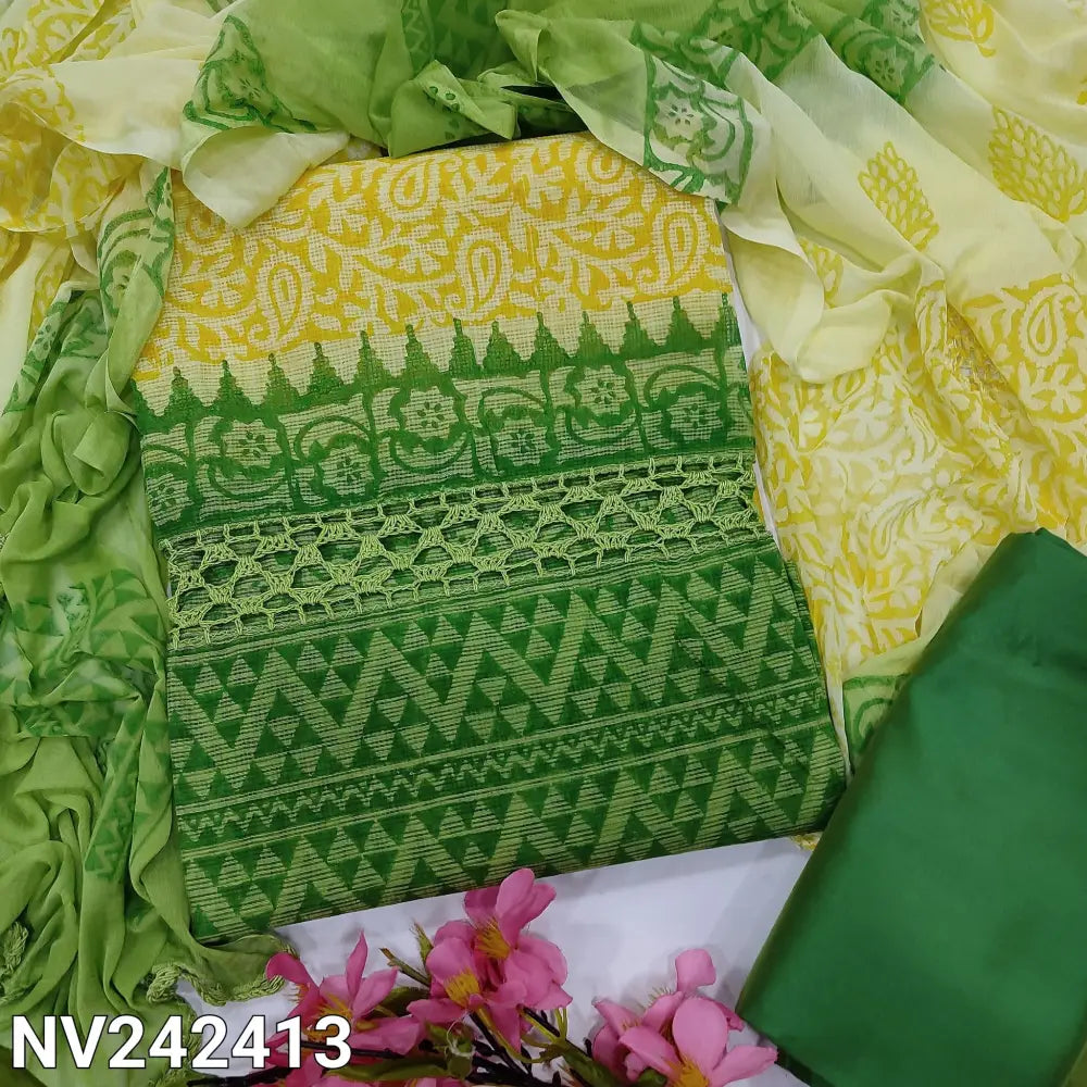 CODE NV242413: Green &yellow fancy super net unstitched salwar material crochet lace work on front(netted fabric lining