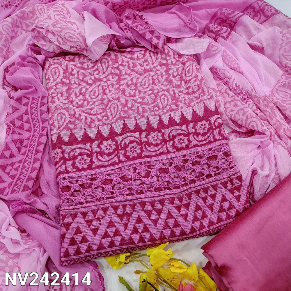 CODE NV242414: Dark& light pink fancy super net unstitched salwar material crochet lace work on front(netted fabric