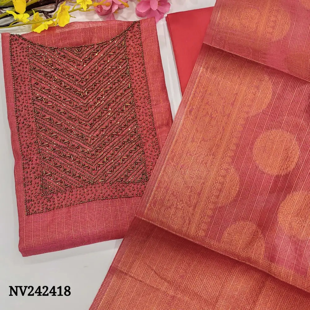 CODE NV242418: Pink tissue silk cotton unstitched salwar material heavy bead work on yoke(thin fabric lining