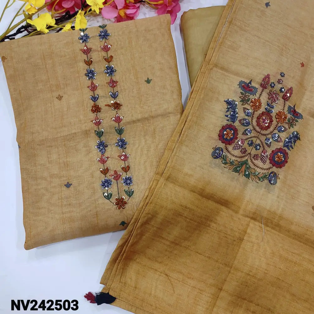 CODE NV242503: Beige with golden tint tissue silk cotton unstitched salwar material hand embroidered& sequins work