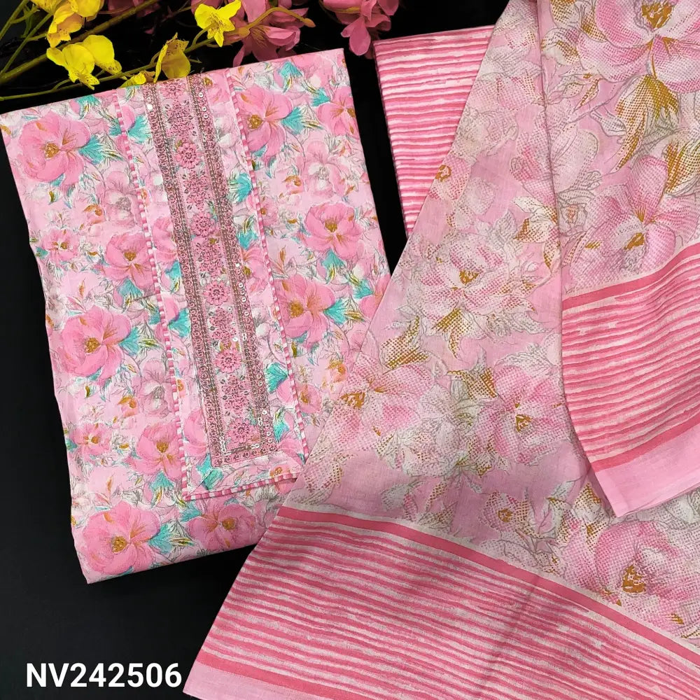 CODE NV242506: Pastel pink floral printed soft cotton unstitched salwar material embroidered& sequins work