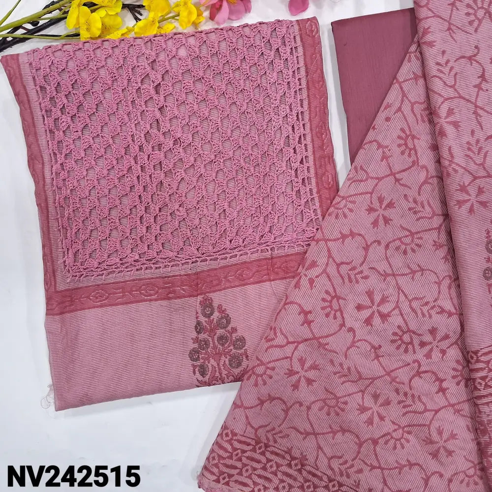 CODE NV242515: Pastel pink block printed fancy super net unstitched salwar material heavy crochet lace work on yoke&