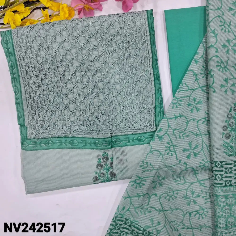 CODE NV242517: Pastel green block printed fancy super net unstitched salwar material heavy crochet lace work on yoke&
