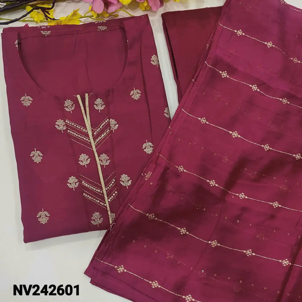 CODE NV242601: Rani pink printed silk cotton unstitched salwar material zari& sequins work on yoke(thin fabric lining