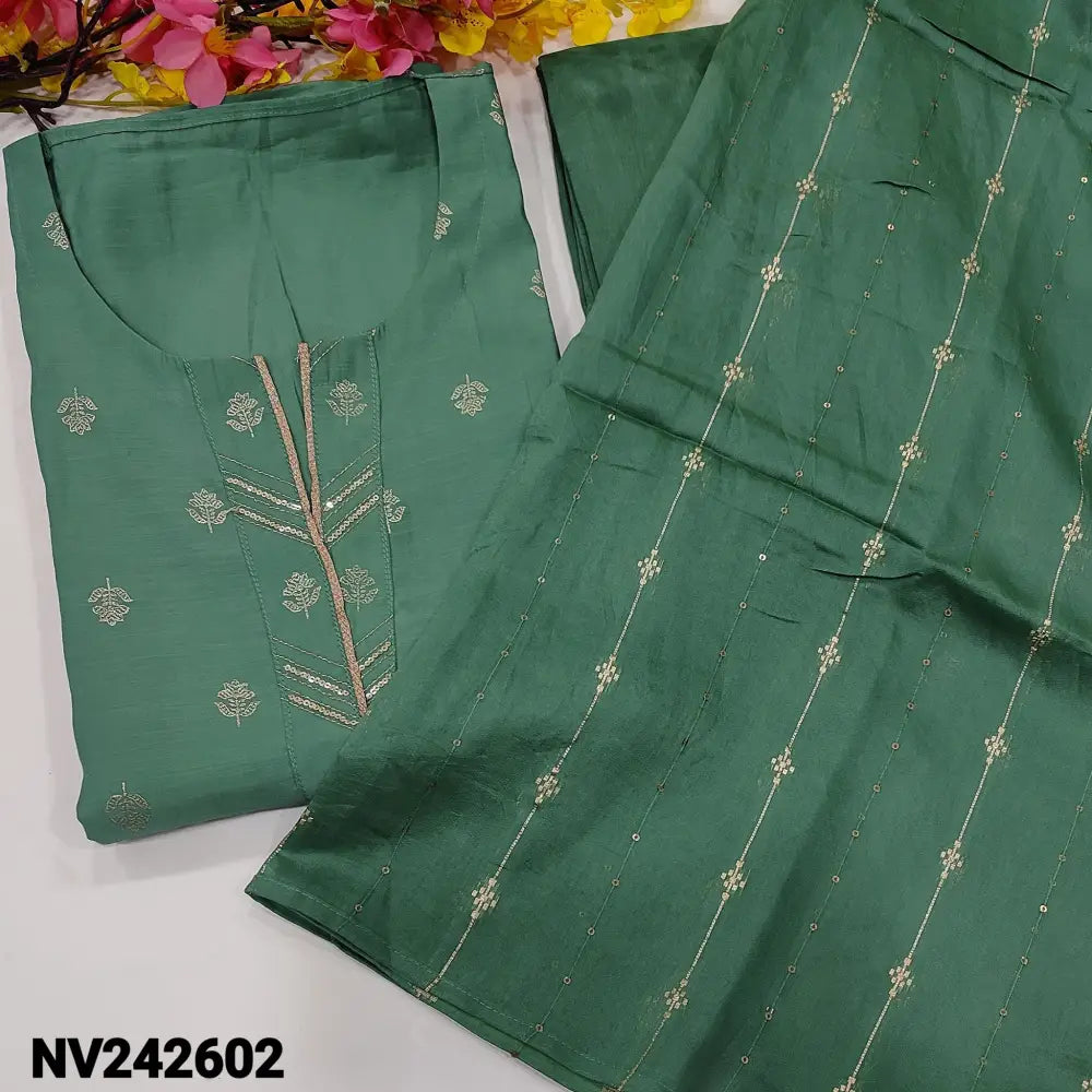 CODE NV242602: Pastel green printed silk cotton unstitched salwar material zari& sequins work on yoke(thin fabric