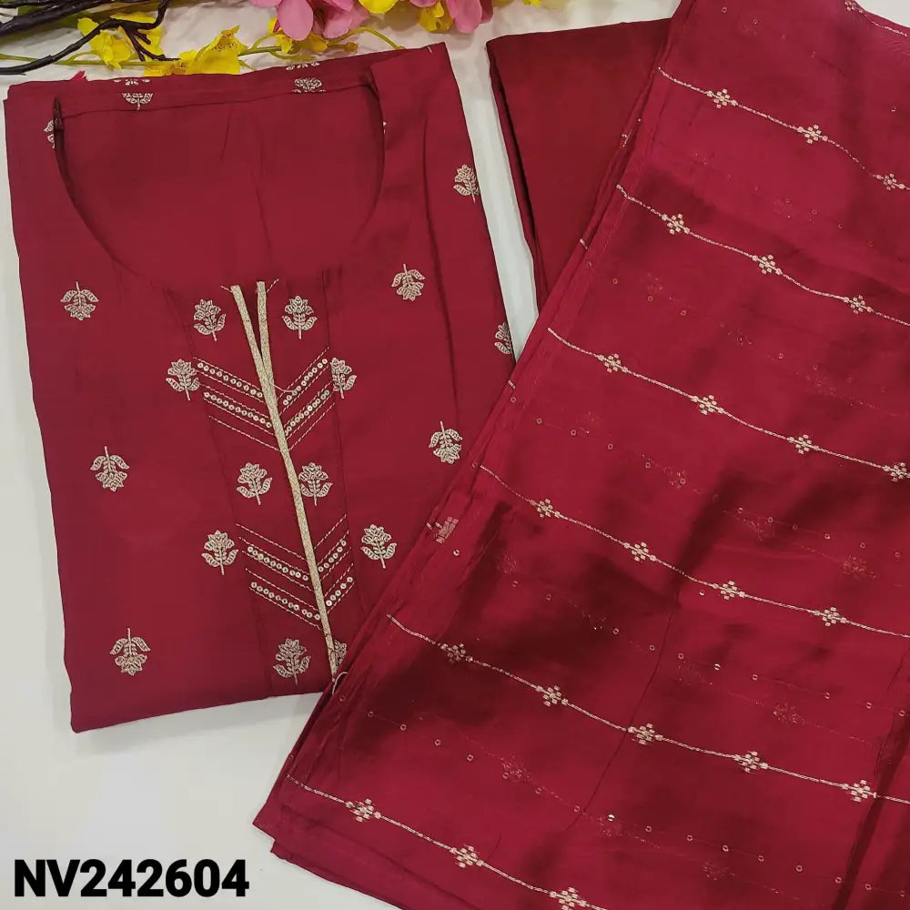 CODE NV242604: Dark pink printed silk cotton unstitched salwar material zari& sequins work on yoke(thin fabric lining