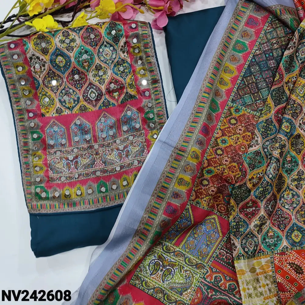 CODE NV242608: Dark teal blue rayon unstitched salwar material digital printed yoke patch with real mirror work(lining