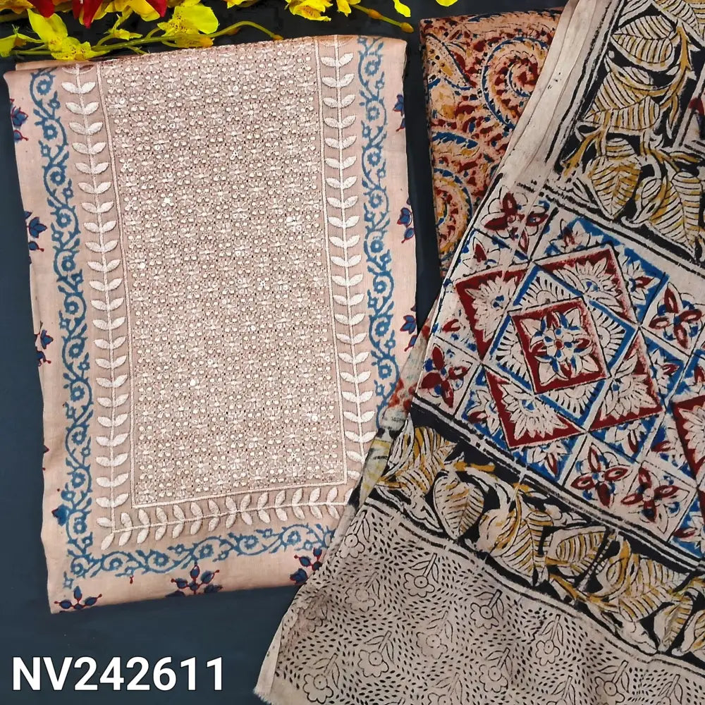 CODE NV242611: Beige base BLUE block printed satin cotton unstitched salwar material heavy embroidered& sequins work