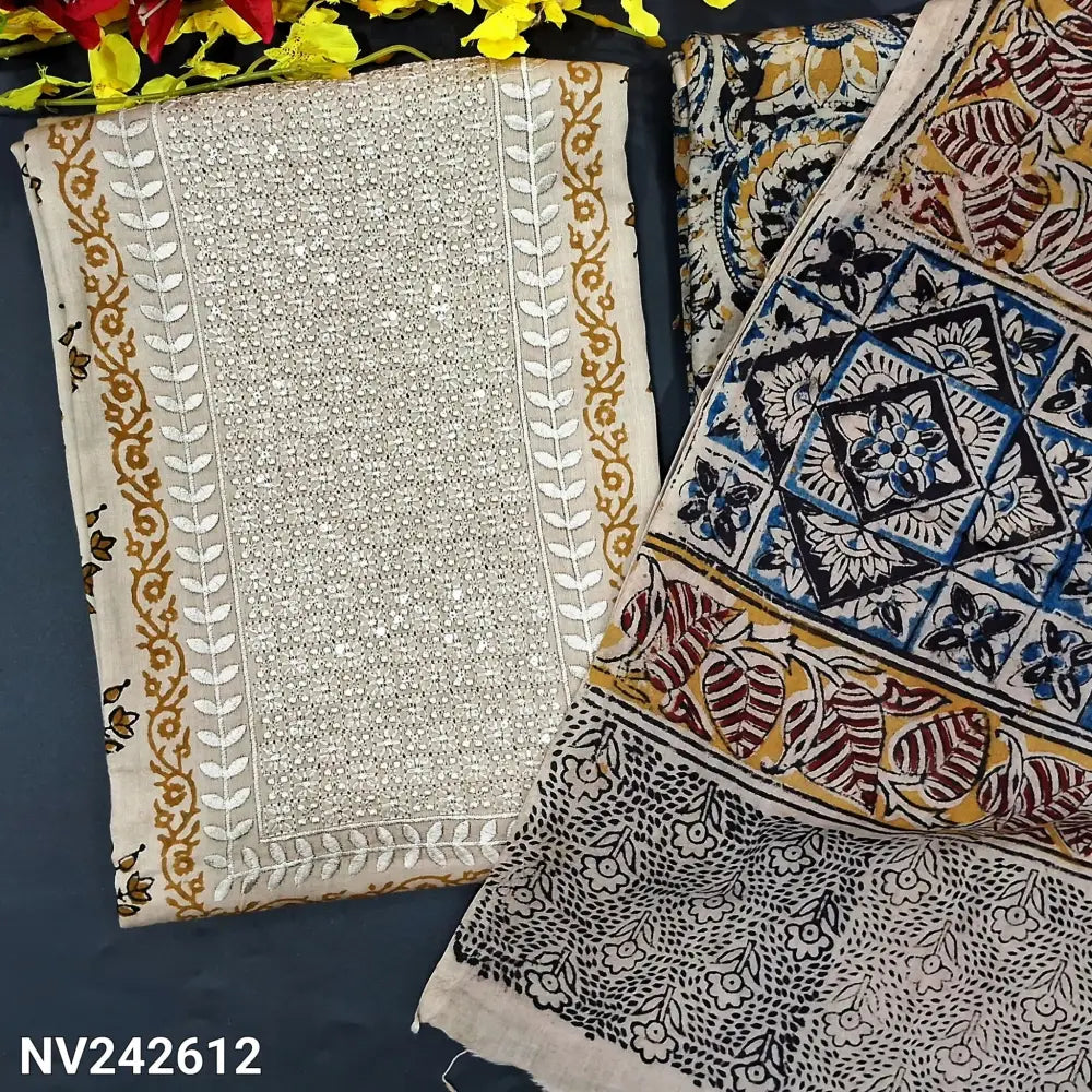 CODE NV242612: Beige base MEHANDHI YELLOW block printed satin cotton unstitched salwar material heavy embroidered&