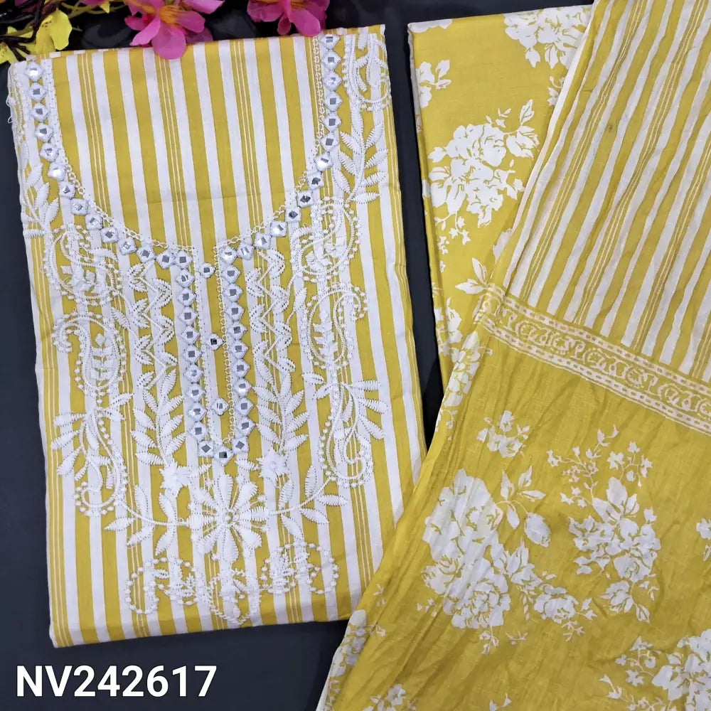 CODE NV242617: Light mehandhi yellow vertical printed soft cotton unstitched salwar material embroidered &foil work