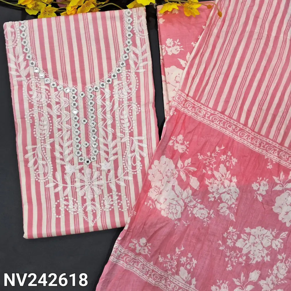 CODE NV242618: Pink vertical printed soft cotton unstitched salwar material embroidered &foil work on yoke(lining