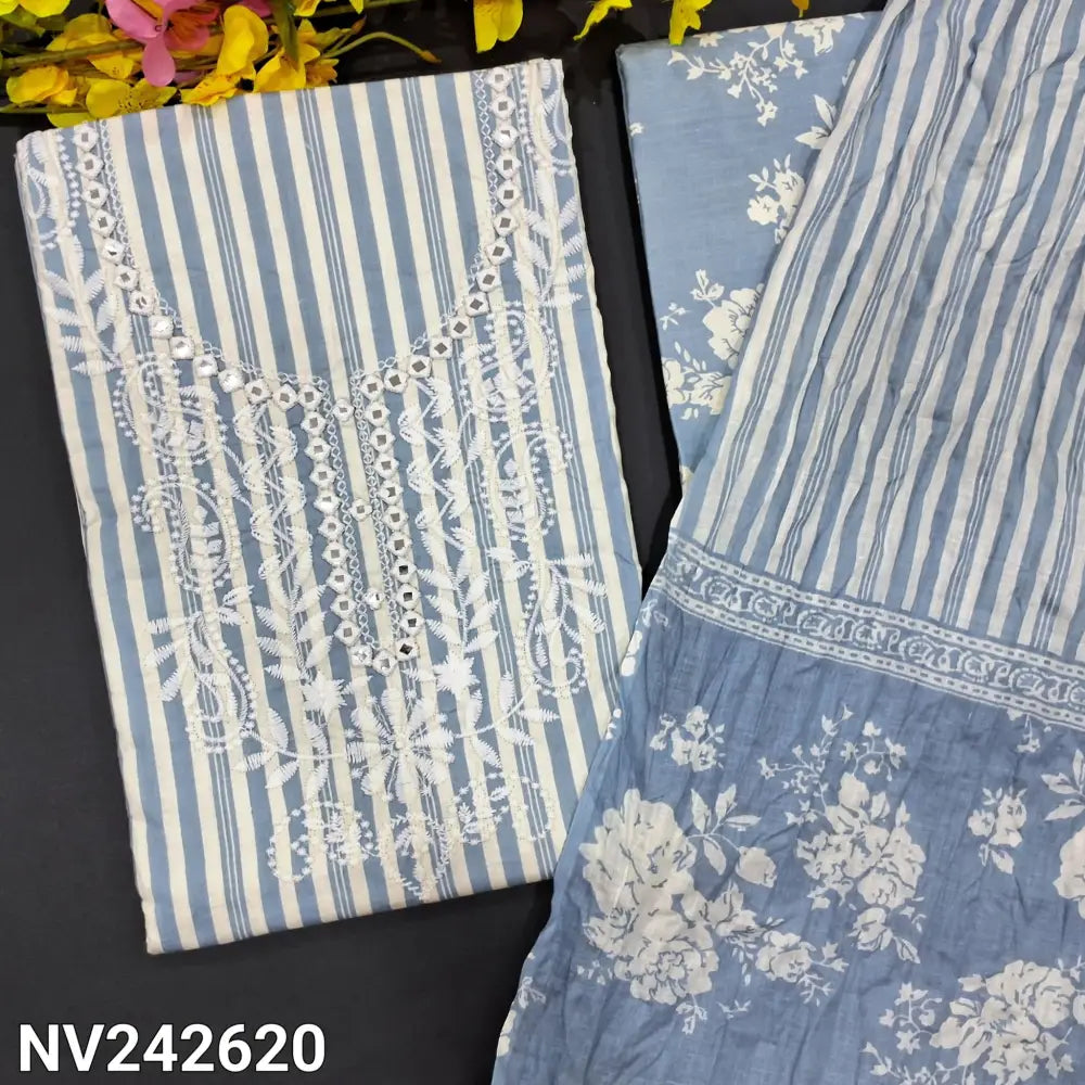 CODE NV242620: Bluish grey vertical printed soft cotton unstitched salwar material embroidered &foil work