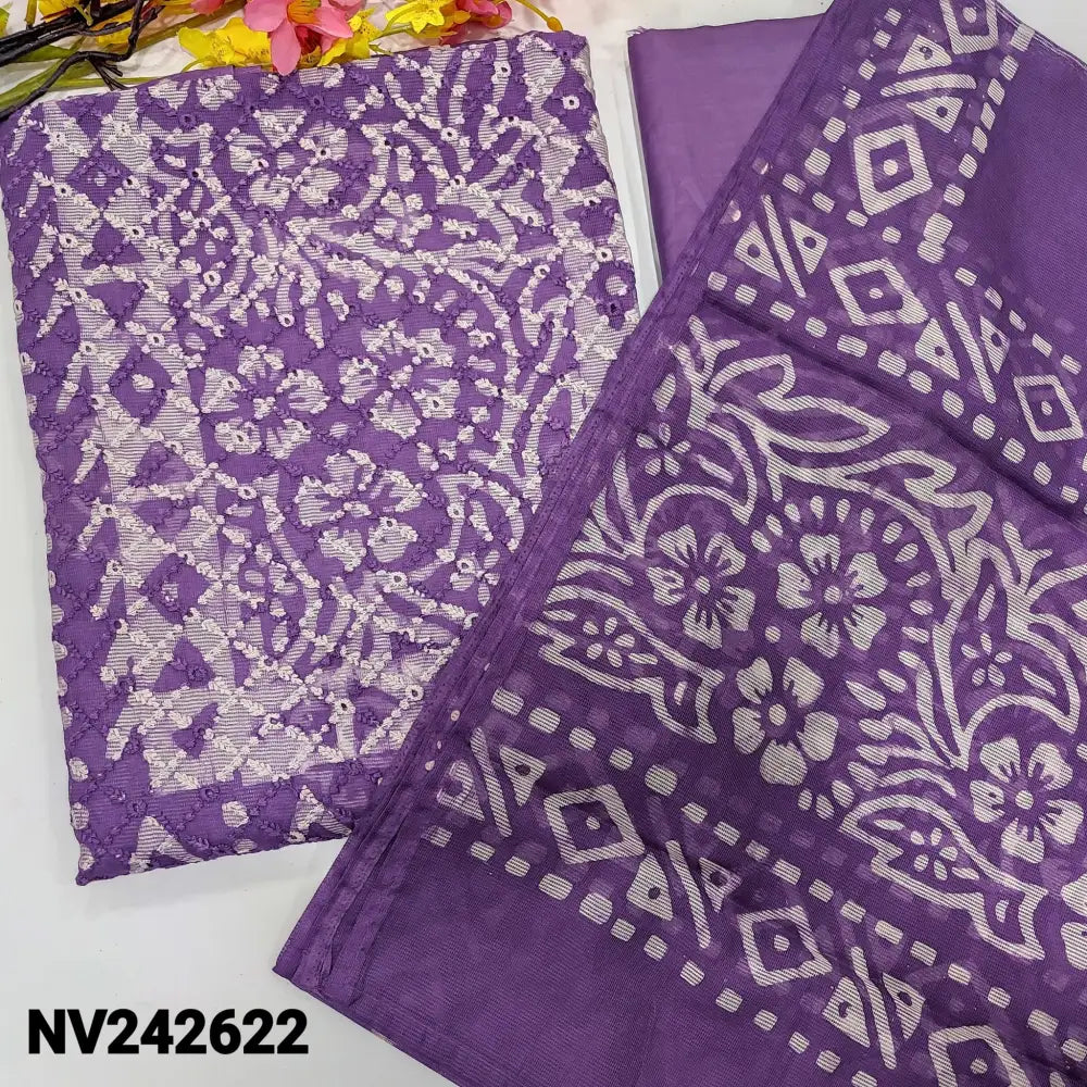 CODE NV242622: Dark purple fancy super net unstitched salwar material heavy schiffly embroidered on front batik design