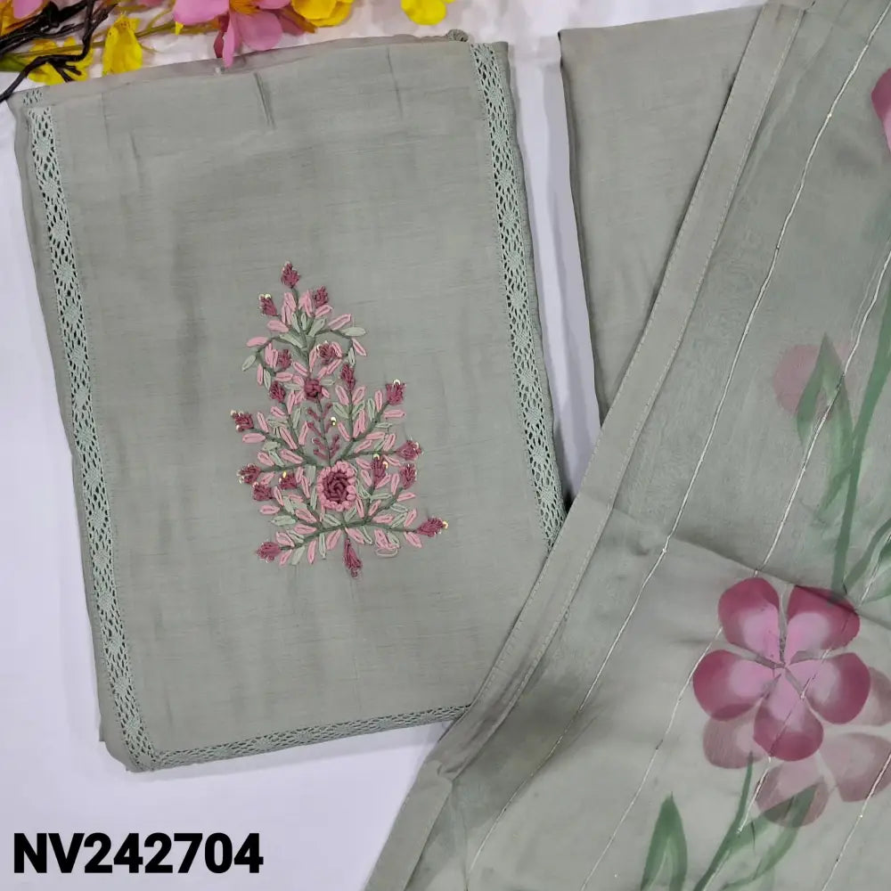 CODE NV242704: Greenish grey soft silk cotton unstitched salwar material embroidered on yoke panel kind crochet lace