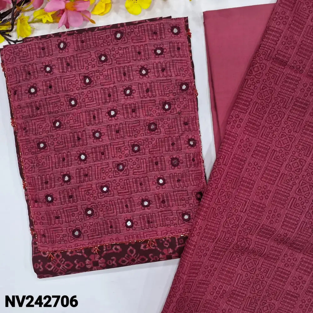 CODE NV242706: Dark beetroot purple printed premium cotton unstitched salwar material super net yoke with real mirror&