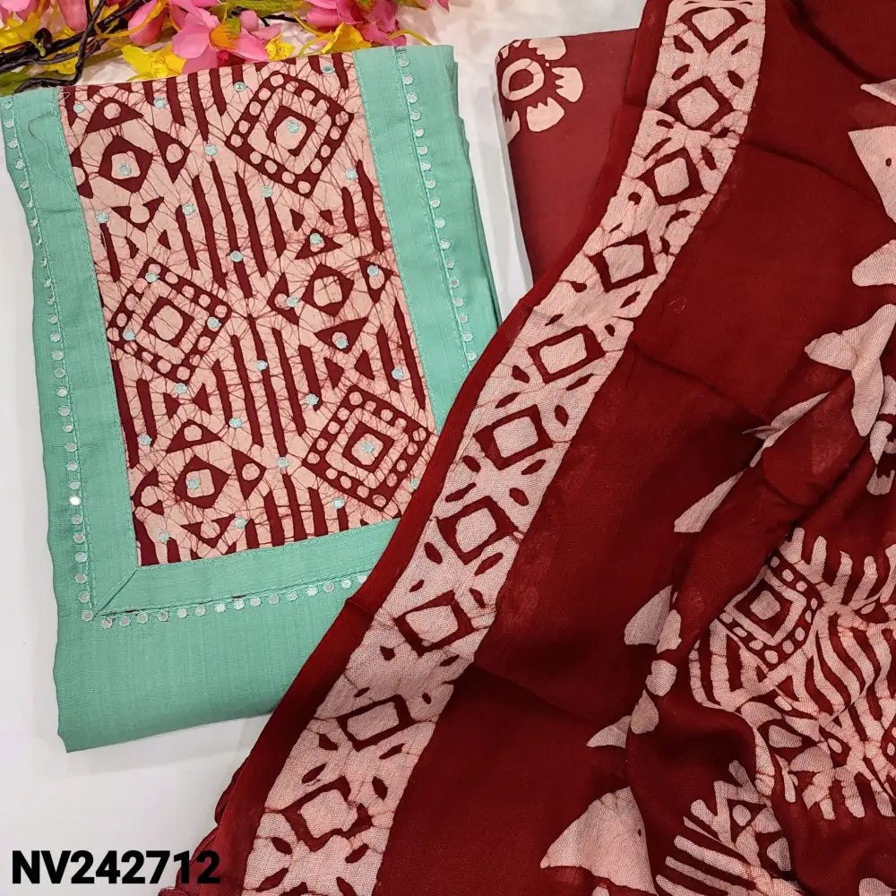 CODE NV242712: Pastel blue soft silk cotton unstitched salwar material batik dyed yoke patch with faux mirror