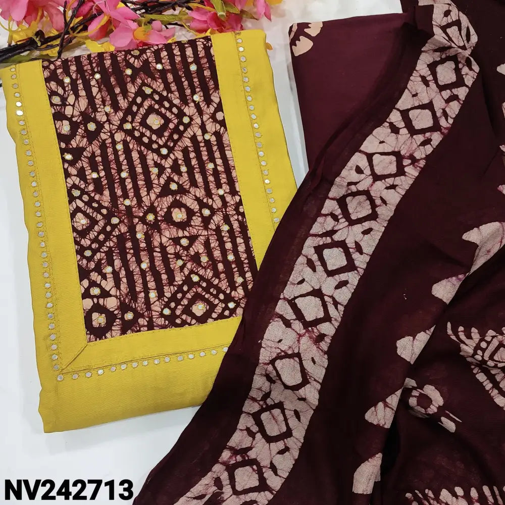 CODE NV242713: Mehandhi yellow soft silk cotton unstitched salwar material batik dyed yoke patch with faux mirror