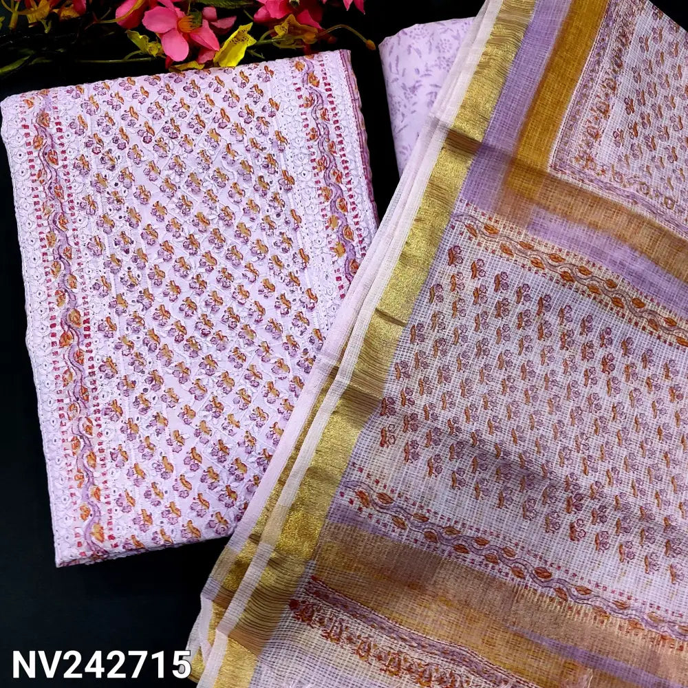 CODE NV242715: Lavender chikankari embroidered hand block printed cotton unstitched salwar material cut work& panel