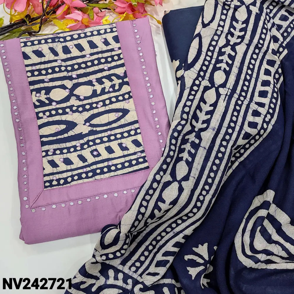 CODE NV242721: Light purple soft silk cotton unstitched salwar material batik dyed yoke patch with faux mirror
