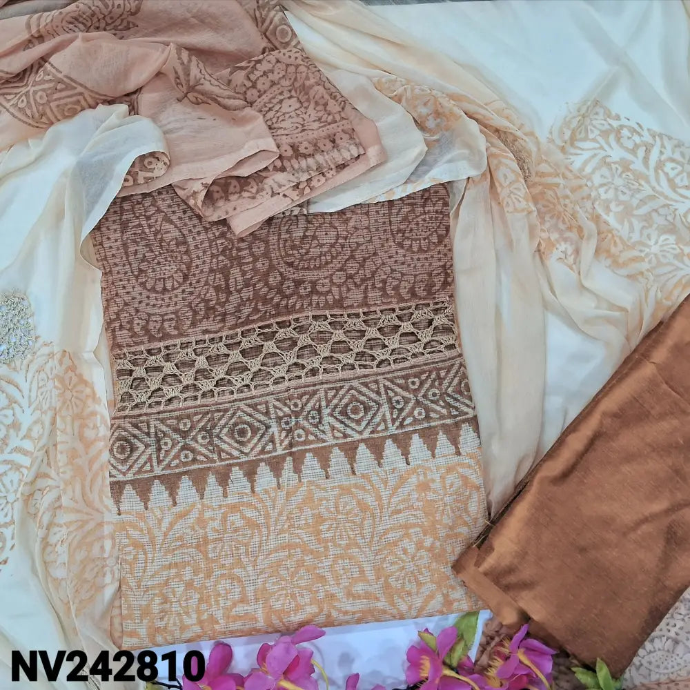 CODE NV242810: Beige &brown block printed fancy super net unstitched salwar material crochet lace work on yoke(netted