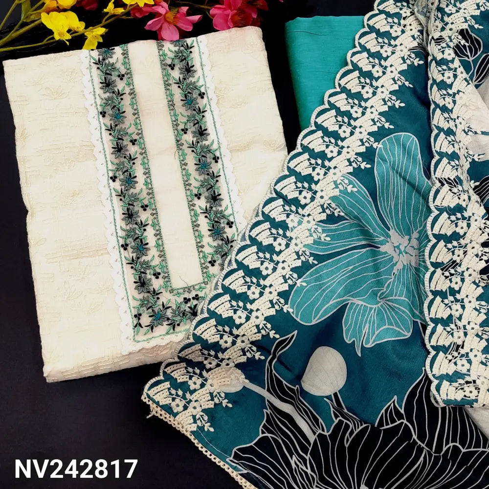 CODE NV242817: Half white fancy super net unstitched salwar material embroidered& lace work on yoke self embroidered