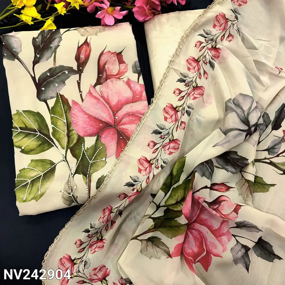 CODE NV242904: Rich beige digital printed semi georgette unstitched salwar material bead zari& sequins work