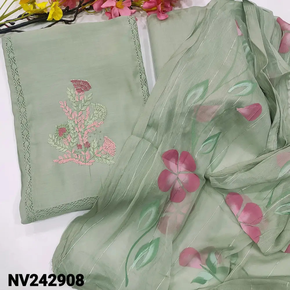 CODE NV242908: Light cement green soft silk cotton unstitched salwar material embroidered on yoke panel kind crochet