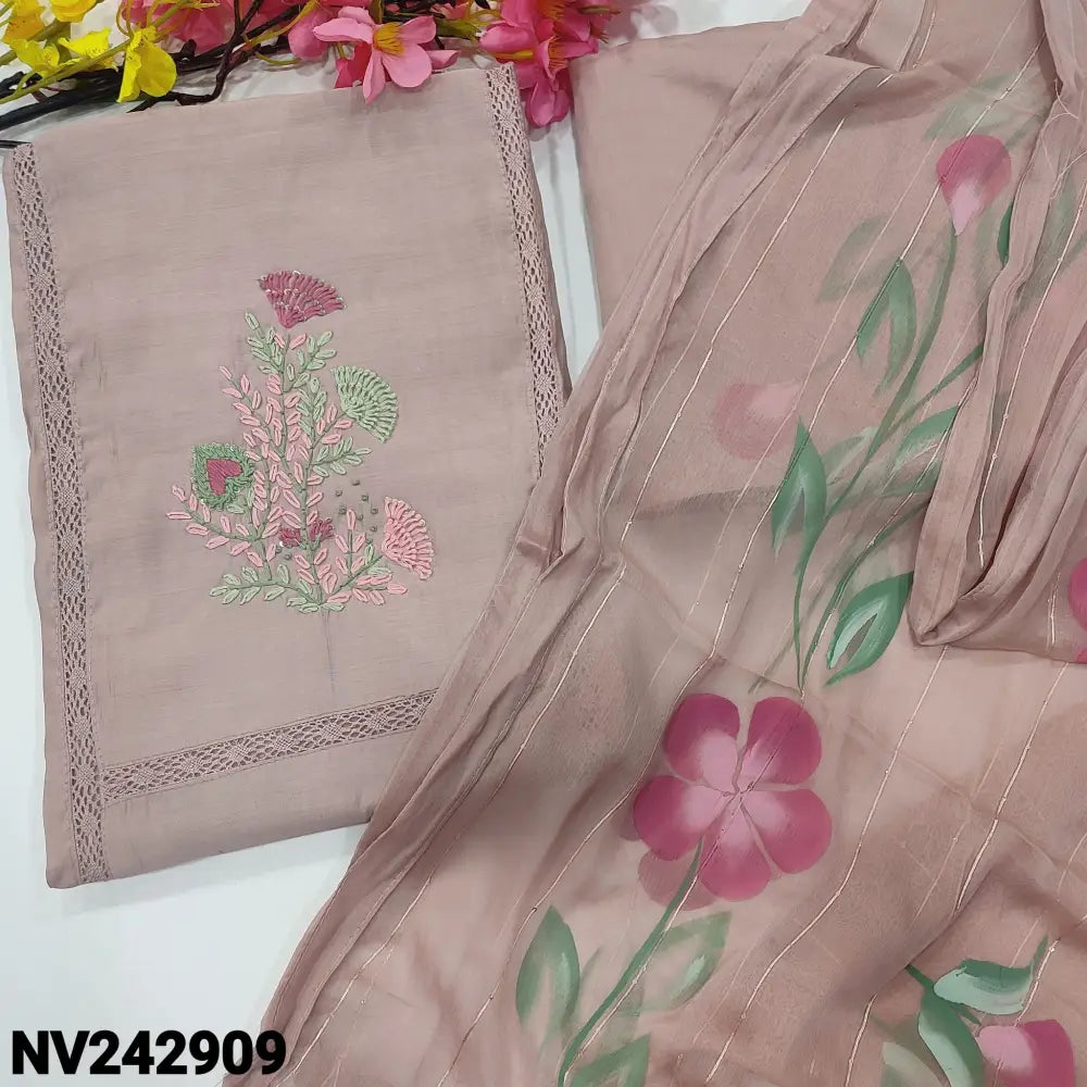 CODE NV242909: Pale pink soft silk cotton unstitched salwar material embroidered on yoke panel kind crochet lace work