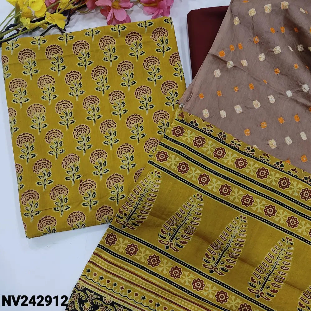 CODE NV242912: Mehandhi yellow ajrak hand block printed premium cotton unstitched salwar material(lining