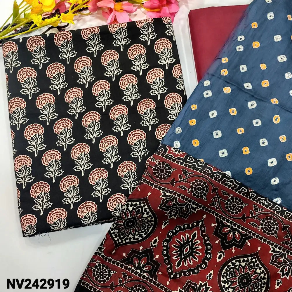 CODE NV242919: Black ajrak hand block printed premium cotton unstitched salwar material(lining optional)maroon pure