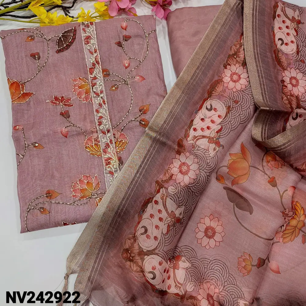 CODE NV242922: Pastel pink digital printed premium silk cotton unstitched salwar material thread& sequins work on yoke