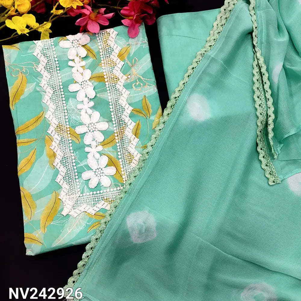 CODE NV242926: Sea green leafy printed soft cotton unstitched salwar material lace work on yoke(lining needed)matching