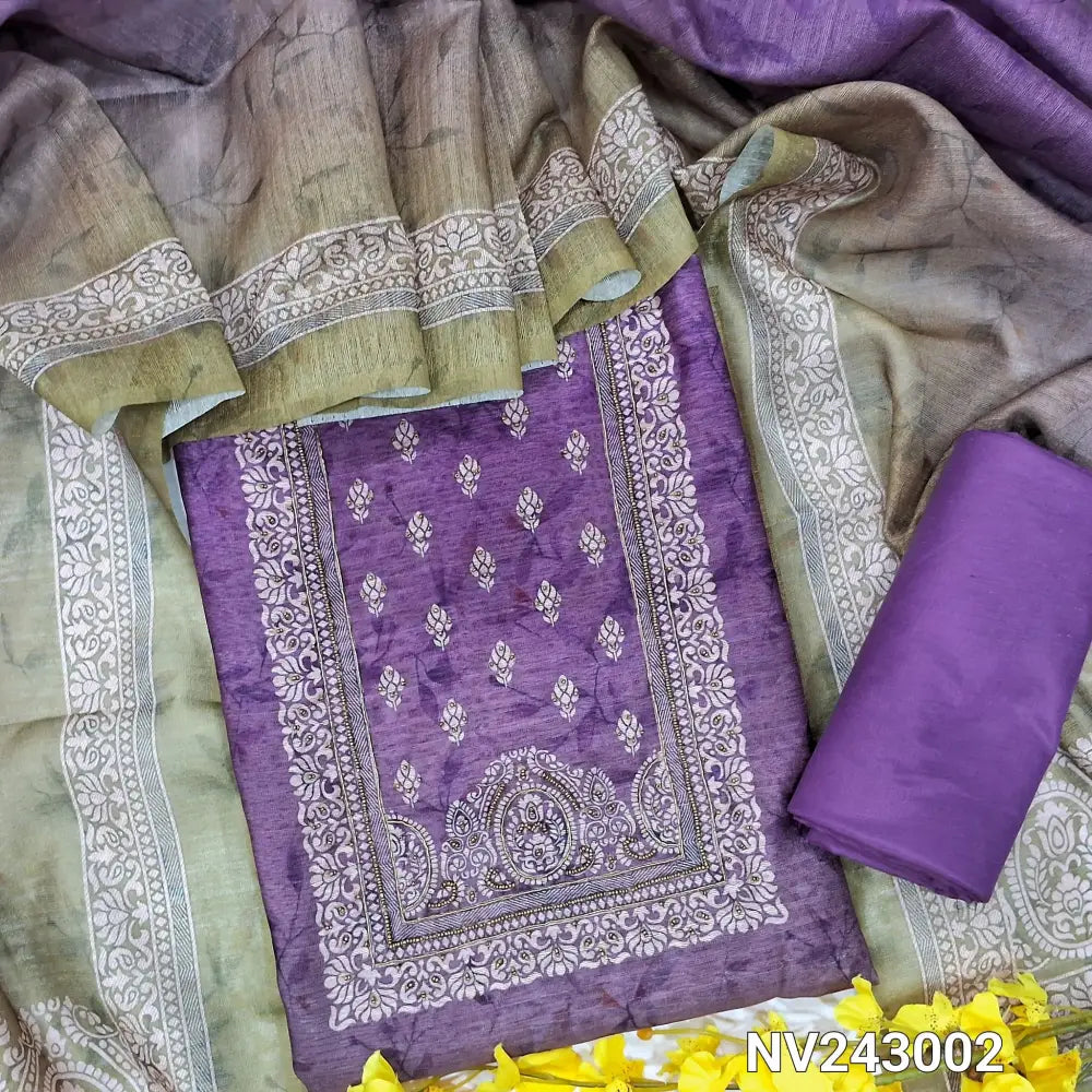 CODE NV243002: Light purple &light mossy green dual shaded digital printed fancy silk cotton unstitched salwar material