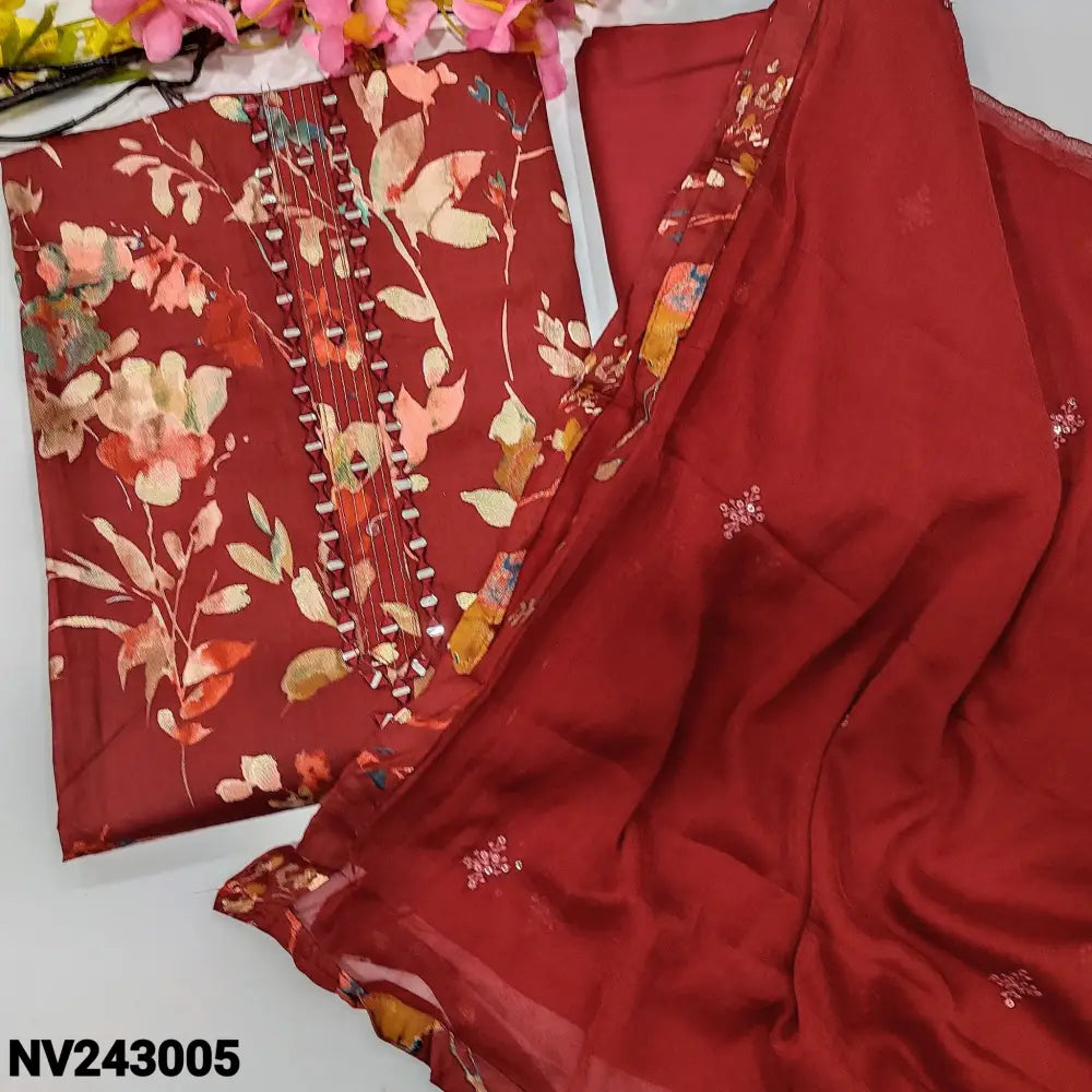 CODE NV243005: Dark reddish maroon floral printed premium satin cotton unstitched salwar material real mirror work