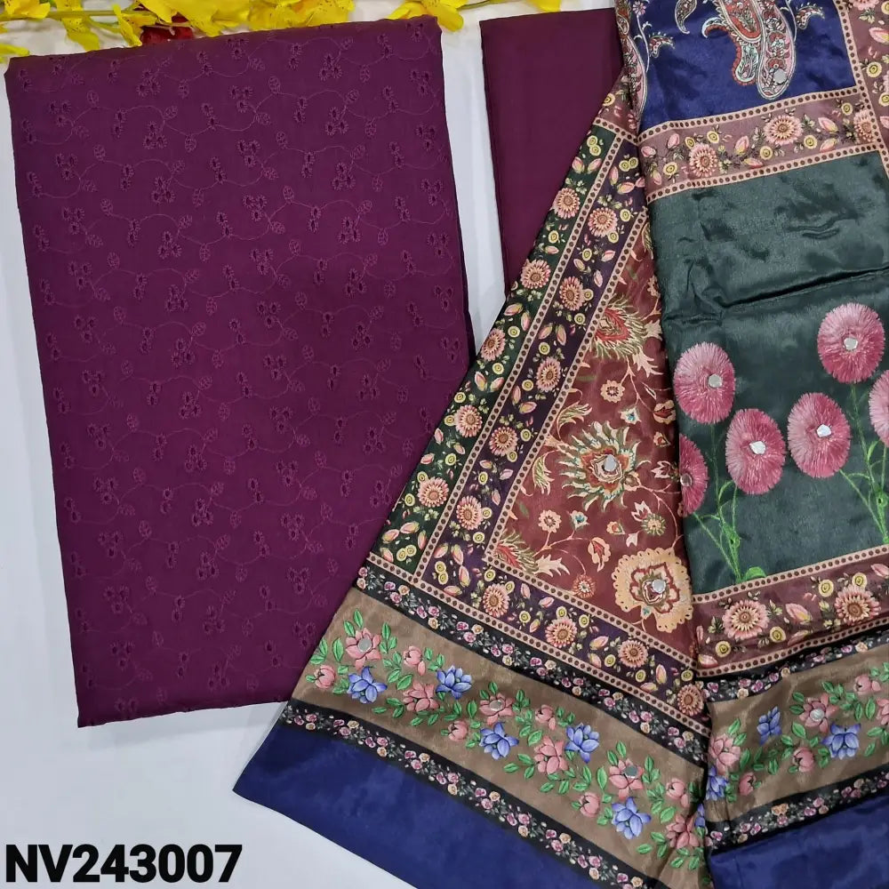 CODE NV243007: Beetroot purple schiffli embroidered premium cotton unstitched salwar material(thin fabric lining