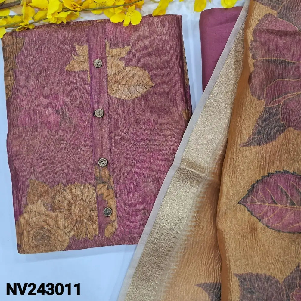CODE NV243011: Pink with golden tint digital printed crinkled tissue silk cotton unstitched salwar material(thin fabric
