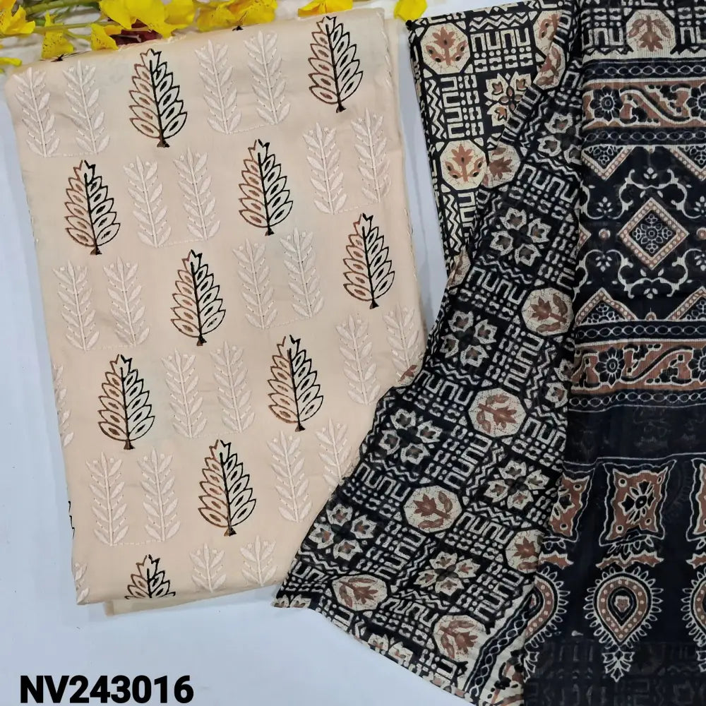 CODE NV243016: Light beige block printed premium soft satin cotton unstitched salwar material self embroidered