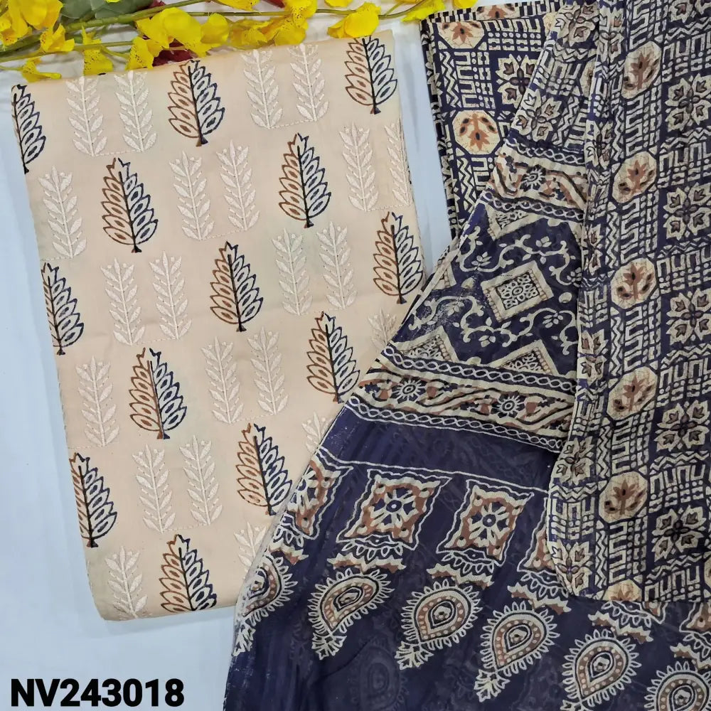 CODE NV243018: Light beige block printed premium soft satin cotton unstitched salwar material self embroidered