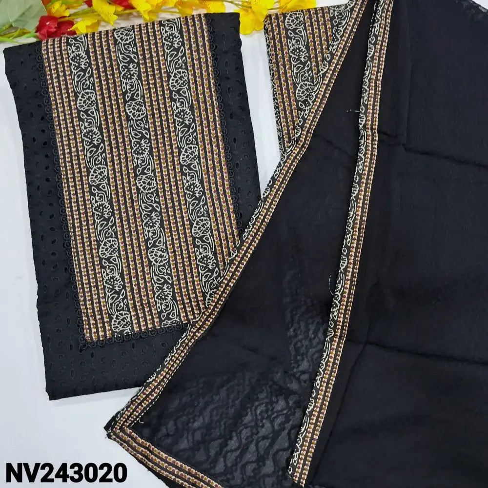 CODE NV243020: Black schiffli embroidered silk cotton unstitched salwar material printed yoke patch(thin fabric lining