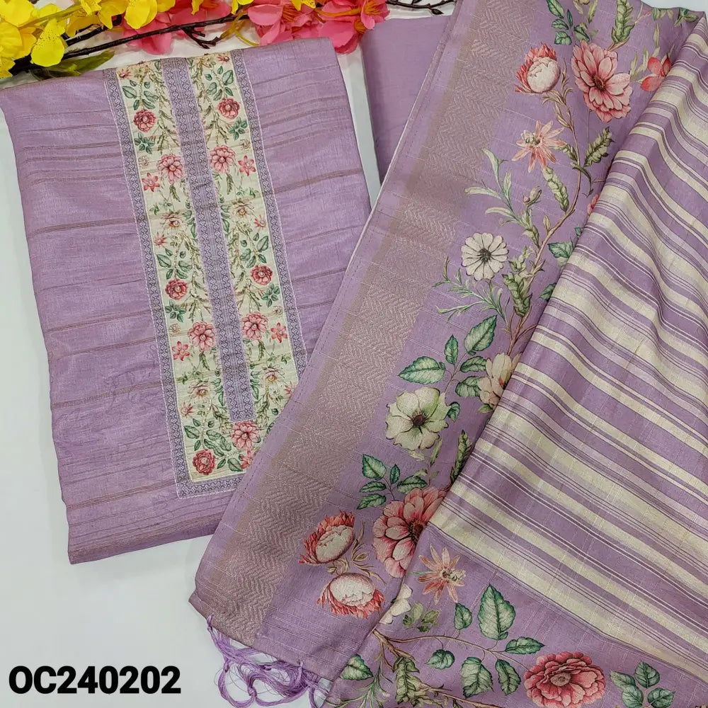 CODE OC240202: Lavender sobar printed semi tussar unstitched salwar material floral printed yoke with sequins work self