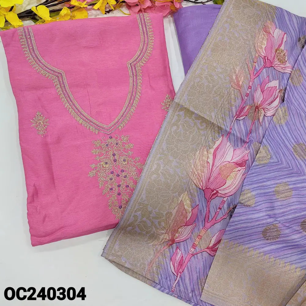 CODE OC240304: Pink designer russian silk unstitched salwar material zari& thread work on yoke& front(thin fabric
