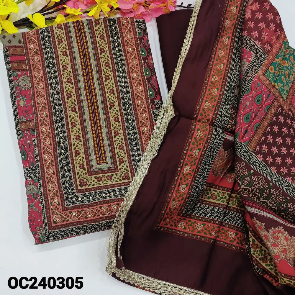 CODE OC240305: Abstract printed modal maslin semi stitched salwar material zari work on yoke(lining optional)dark